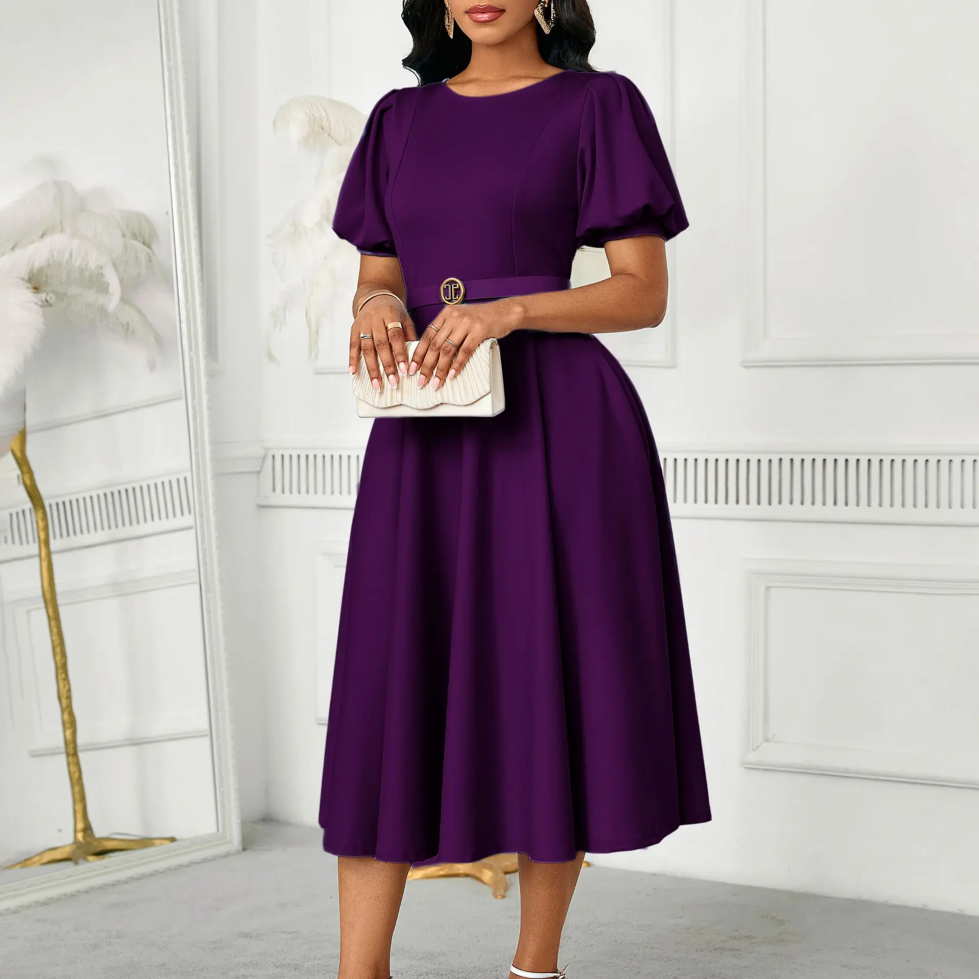 African Clothes for Women Autumn Fashion African Short Sleeve Polyester Party Evening Pleat Midi Dress Outfits Africa Clothing