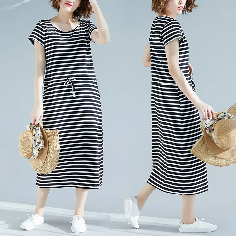 

Длинное платье в полоску больших размеров с поясом для похудения, летняя модная уличная одежда, круглый Ne ort Sve, свободный крой Materni Dr