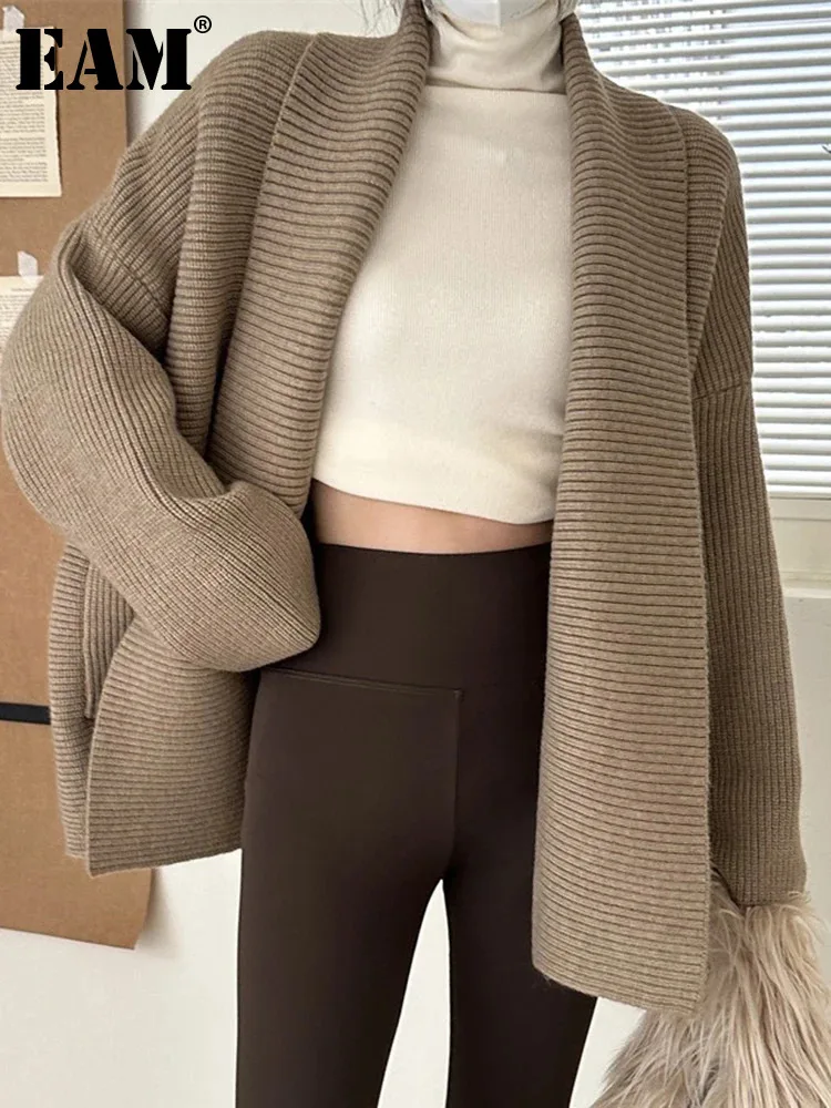 

[EAM] Khaki Thick Big Size Knitting Cardigan Sweater V-Neck Long Sleeve Women New Fashion Tide Spring Autumn 2024 1DH6444