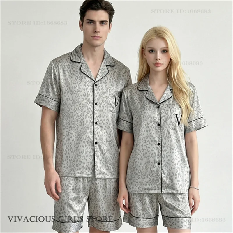 Summer New Couple Sleepwear Pajamas Set Gray Leopard Short Sleeve Shorts Pijamas Suit Home Clothes Loose Satin Homewear Pyjama
