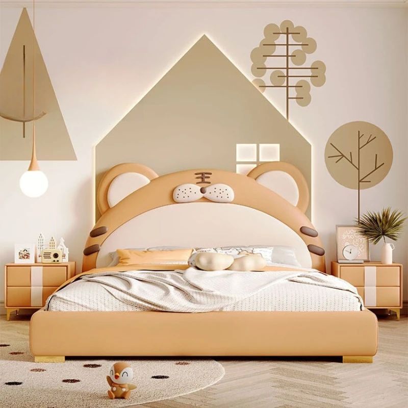 

boy 1.5 meters bed children's cartoon tiger modelingsolid wood Single Bed leather minimalist cama solteiro bedroom furniture