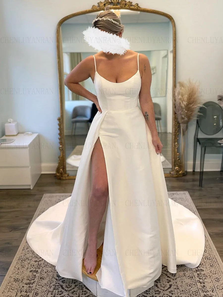 

Simple Wedding Dresses Satin A-Line V-neck Long Bride Gowns Sweep Train Side Slit Sexy Dress For Women 2023 Robe De Mariée