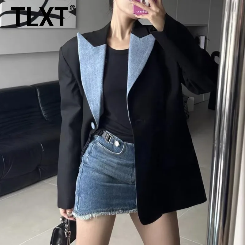 

TLXT джинсовый воротник в стиле пэчворк контрастного цвета, облегающие блейзеры средней длины для женской одежды, весна-осень 2024, новый тренд XK1074