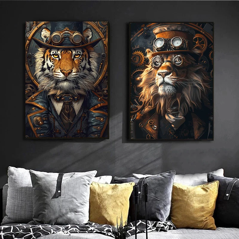 Steampunk Tiger Fox Owl Poster Art Canvas Painting and Prints Retro Funny Animal Lion Gorilla Poster for Living Room Home Decor