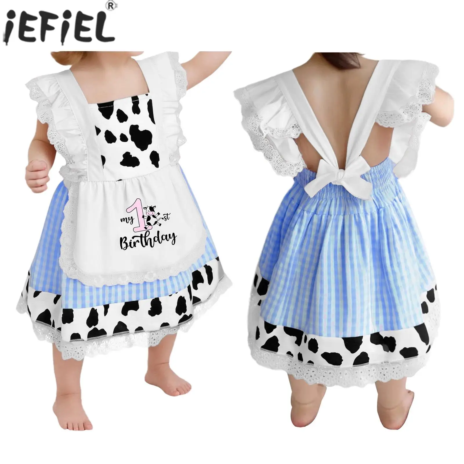 

Infant Girls 1st Birthday Cake Smash Party Photography Dress Sleeveless Sweet Cute Cow Printed Lace Plaid Tutu Halloween Costume