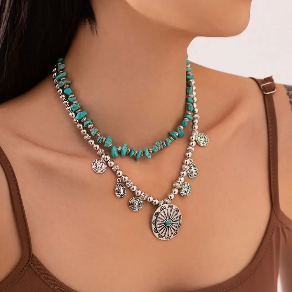 

CCB Beaded Irregular Stone Necklace Carving Pattern Ethnic Style Multi Layer Necklace Bohemian Vintage Clavicle Chain