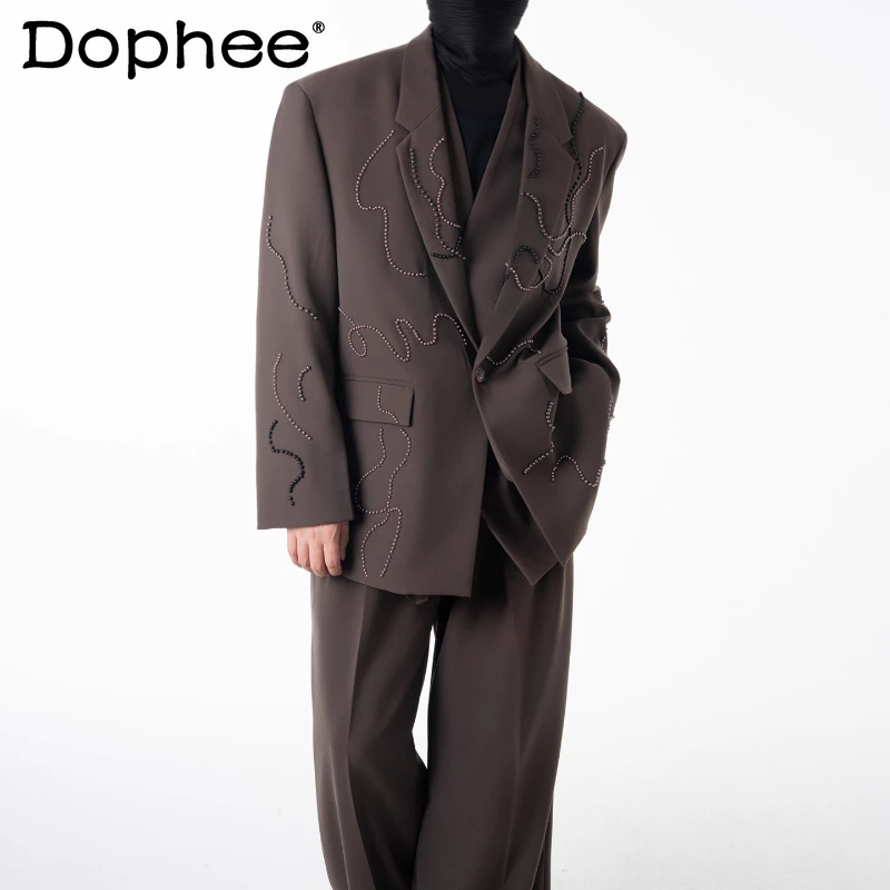 

2025 Autumn New Fashion 2pcs High-End Two-piece Sets Faux Two-Piece Beaded Suit Men's Trendy Loose Jackets Suit Long Pants Sets