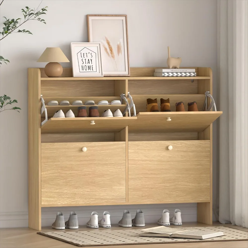 

Shoe Storage Cabinet with 4 Flip Drawers, Narrow Shoe Rack Organizer for Entryway, Freestanding Shoe Cabinet with Open Storage