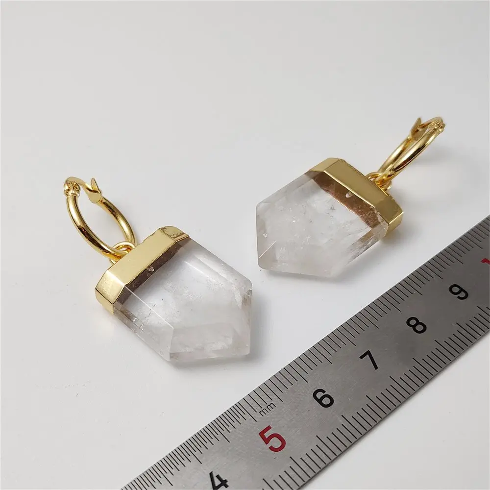 FUWO Carved Shield Shape Clear Quartz Earrings,Golden Plated Handmade Natural White Crystal Jewelry Wholesale ER211 5Pairs/Lot