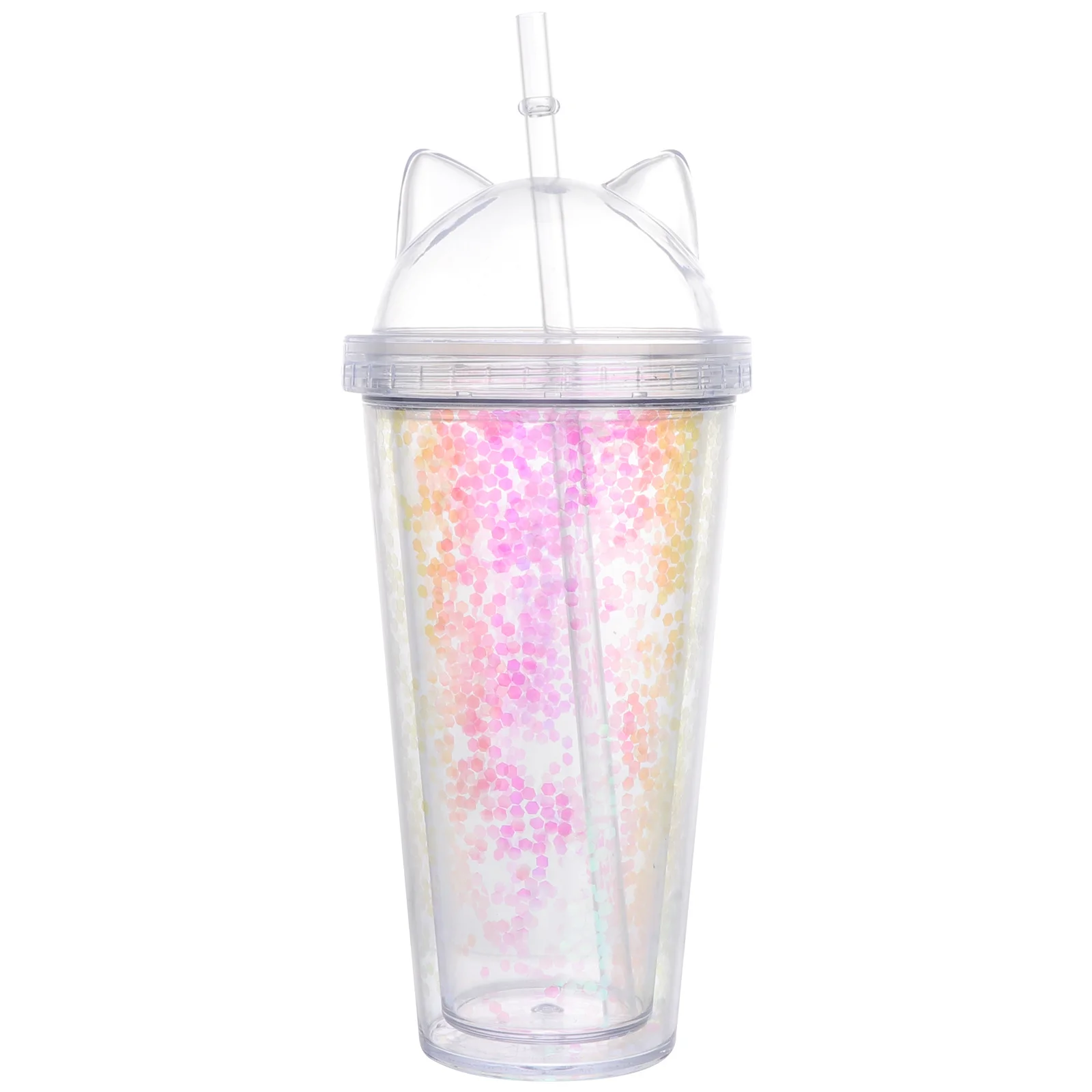 

1Pcs 420Ml Pink Cat Ear Top Sequin Decorated Tumbler Double Wall Insulated Plastic Water Bottle with Straw for Daily Carry