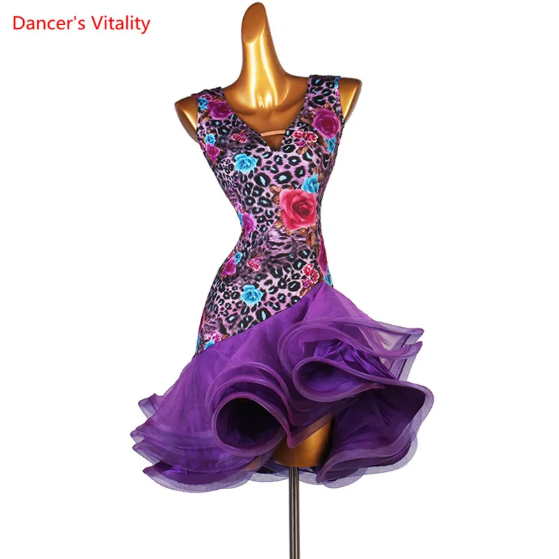 Latin Dance Dress V-Neck Wave Point Skirt Profession Custom Female Adult Child Elegant Performance Clothes Competition Clothing