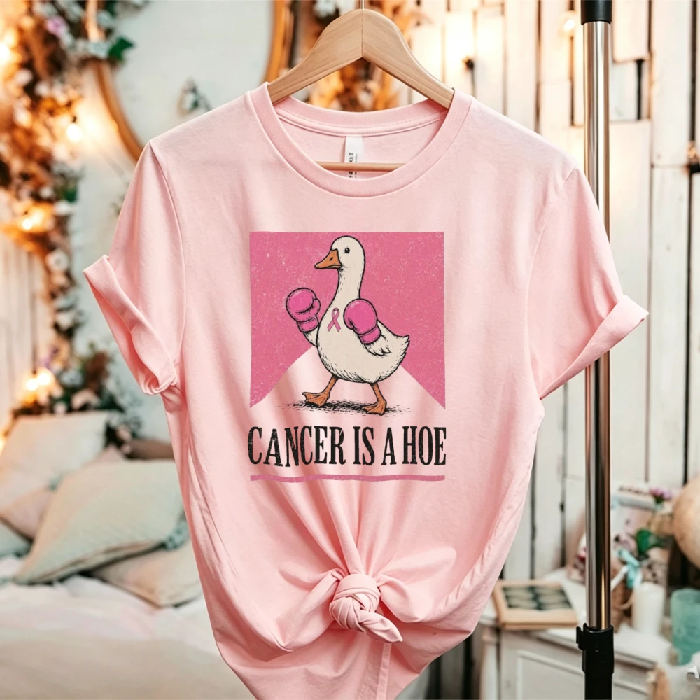 Boxing Duck Cancer Is A Hoe Pink Ribbon T-Shirt Breast Cancer Awareness Funny Cartoon Graphic Tee Women Casual Short Sleeve Tees