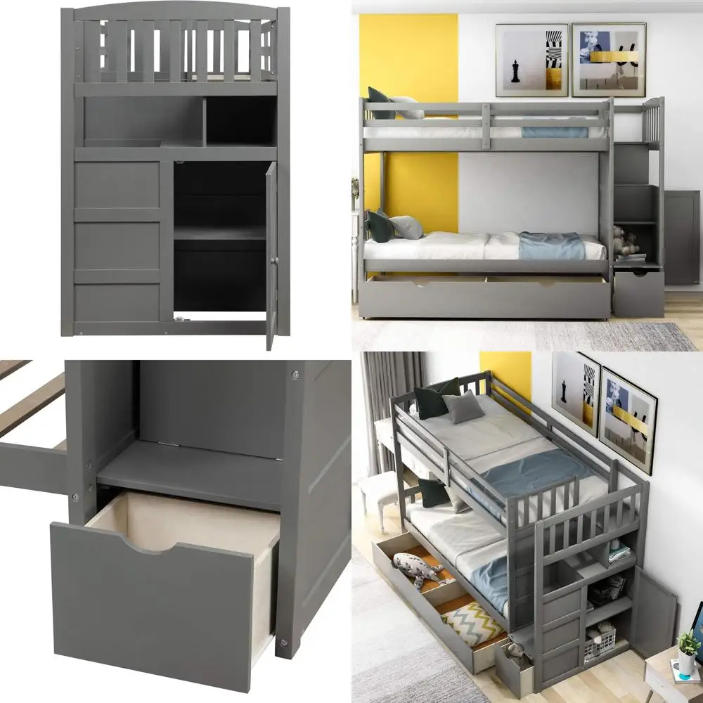 

Двухъярусная кровать из массива дерева серого цвета с местом для хранения, не требует пружинного блока