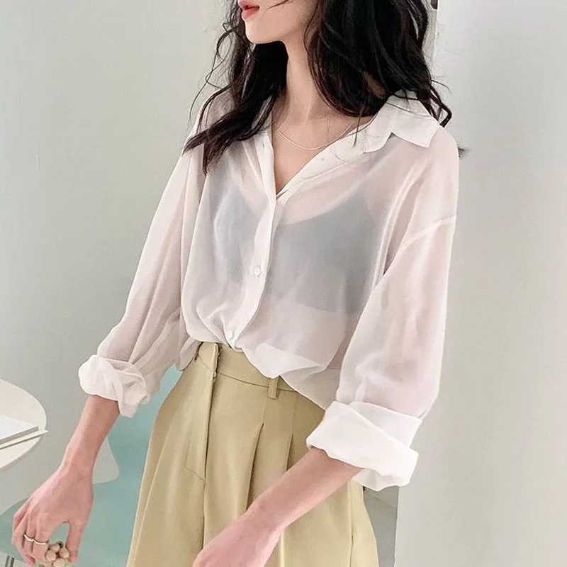 Thin Single Breasted Button Turn-down Collar Women Shirt Korean Long Sleeve Solid Loose Women\'s Clothing Chiffon Spring Summer