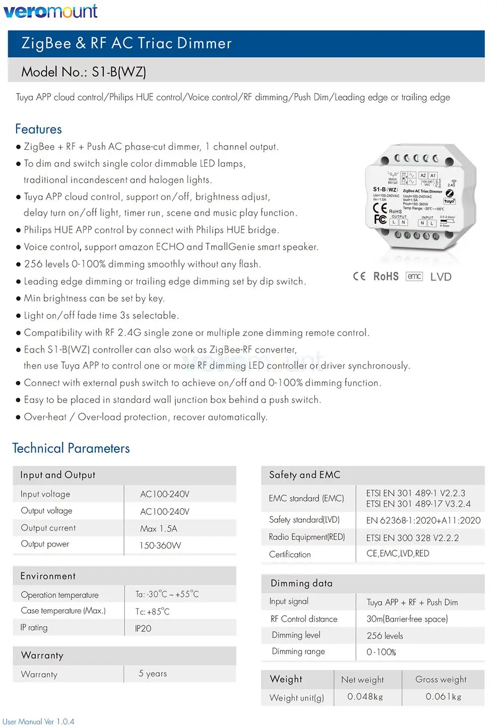 Skydance S1-B(WZ) Zigbee Tuya LED Dimmer 220V 110V AC Smart RF 2.4G Push Switch Remote Control Triac WiFi Dimmer for LED Lamp