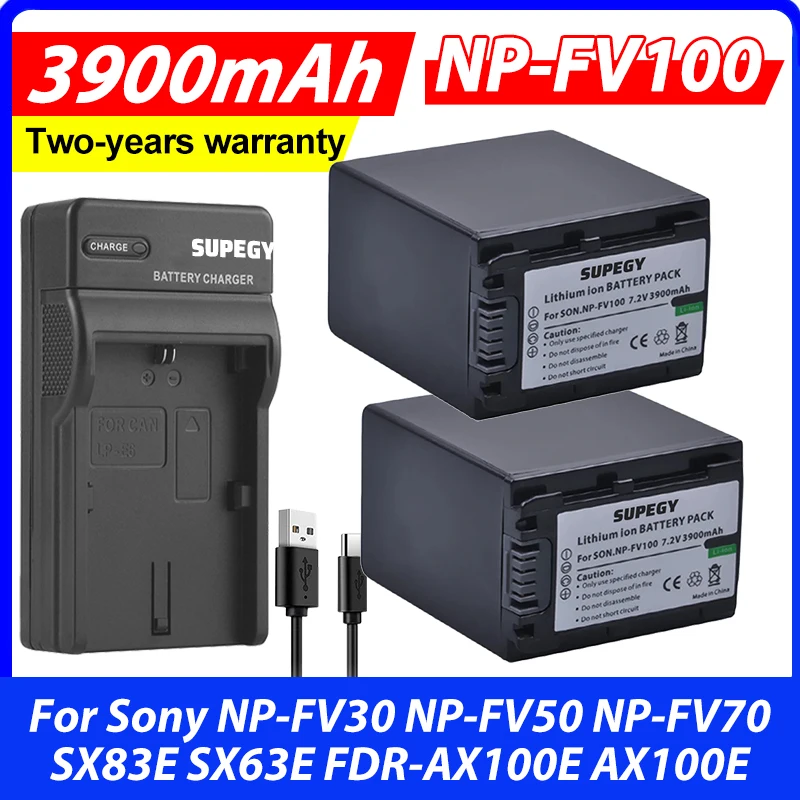 2Pcs 3900mAh NP FV100 NP-FV100 FV100 Batteries + USB Charger for Sony NP-FV30 NP-FV50 NP-FV70 SX83E SX63E FDR-AX100E AX100E