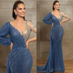 Elegant Blue Sequined Beading Evening Dresses Full Sleeves V Neck Mermaid Asymmetrical Formal Party Prom Gowns Vestido De Fiesta