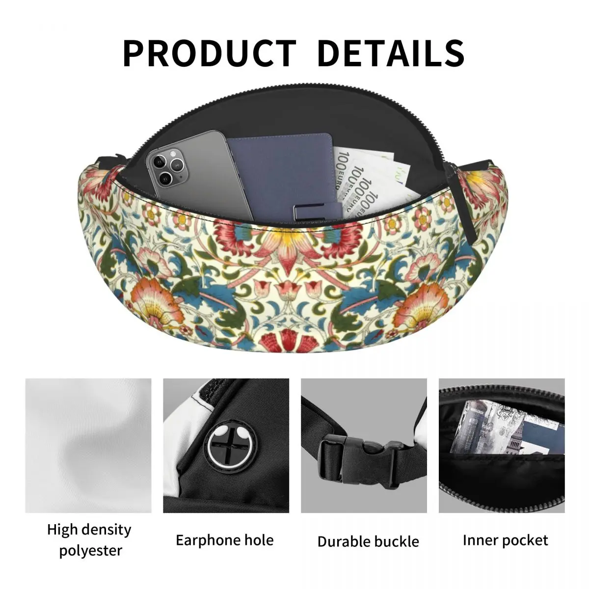 William Morris marsupio personalizzato motivo tessile floreale Crossbody marsupio uomo donna Running Phone Money Pouch