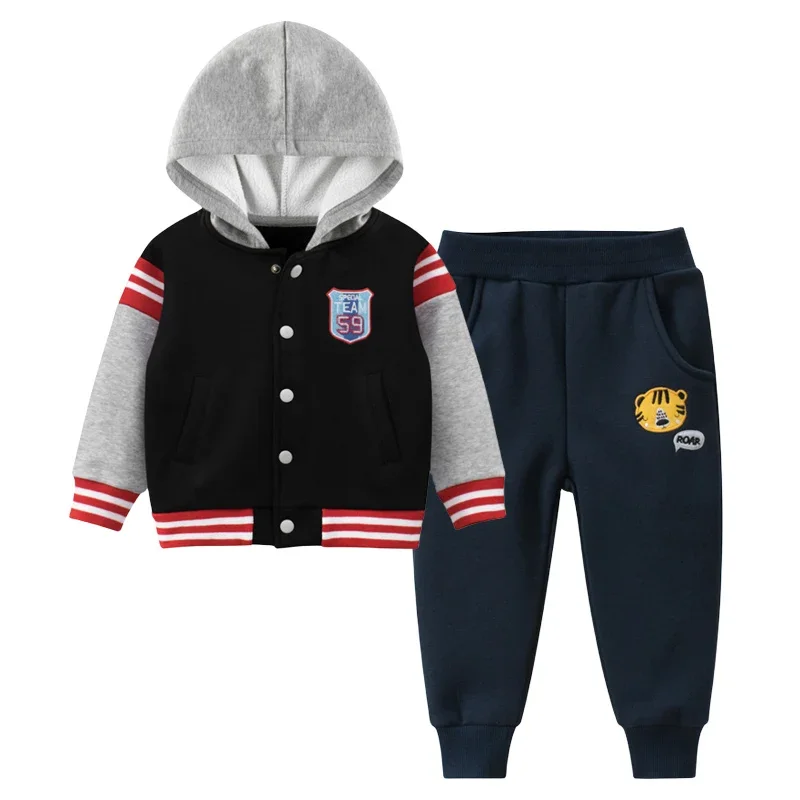 

Plush Baseball Tracksuit for Boys 2024 Winter Children's Sets Casual Long Sleeve Striped Hooded Jackets + Pants Warm Kids Outfit