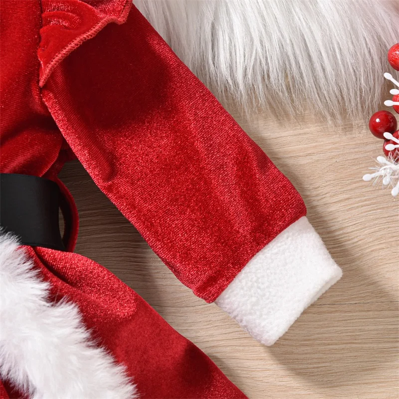 Suefunskry, pelele de Navidad para niñas, adorno de rizo, cuello redondo, manga larga, cinturón, mono, sombrero, monos de terciopelo para recién