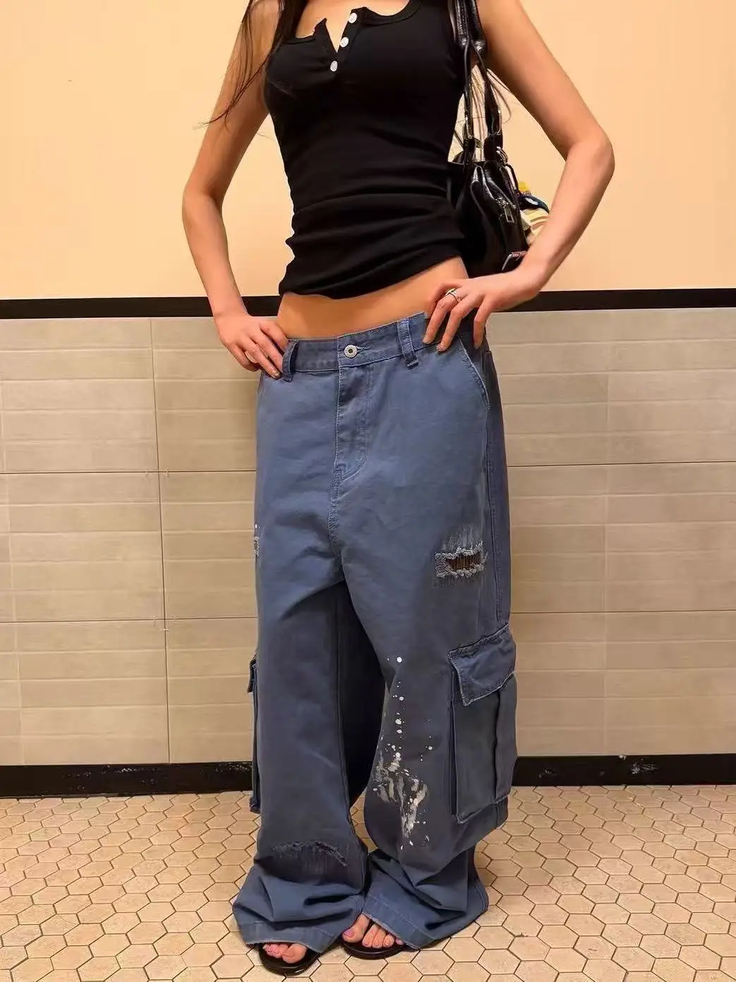 Women's Baggy Cargo Jean Boyfriend Ripped Denim Pants Y2K Japanese Harajuku Wide Fit Punk Grunge Jean American Retro Streetwear