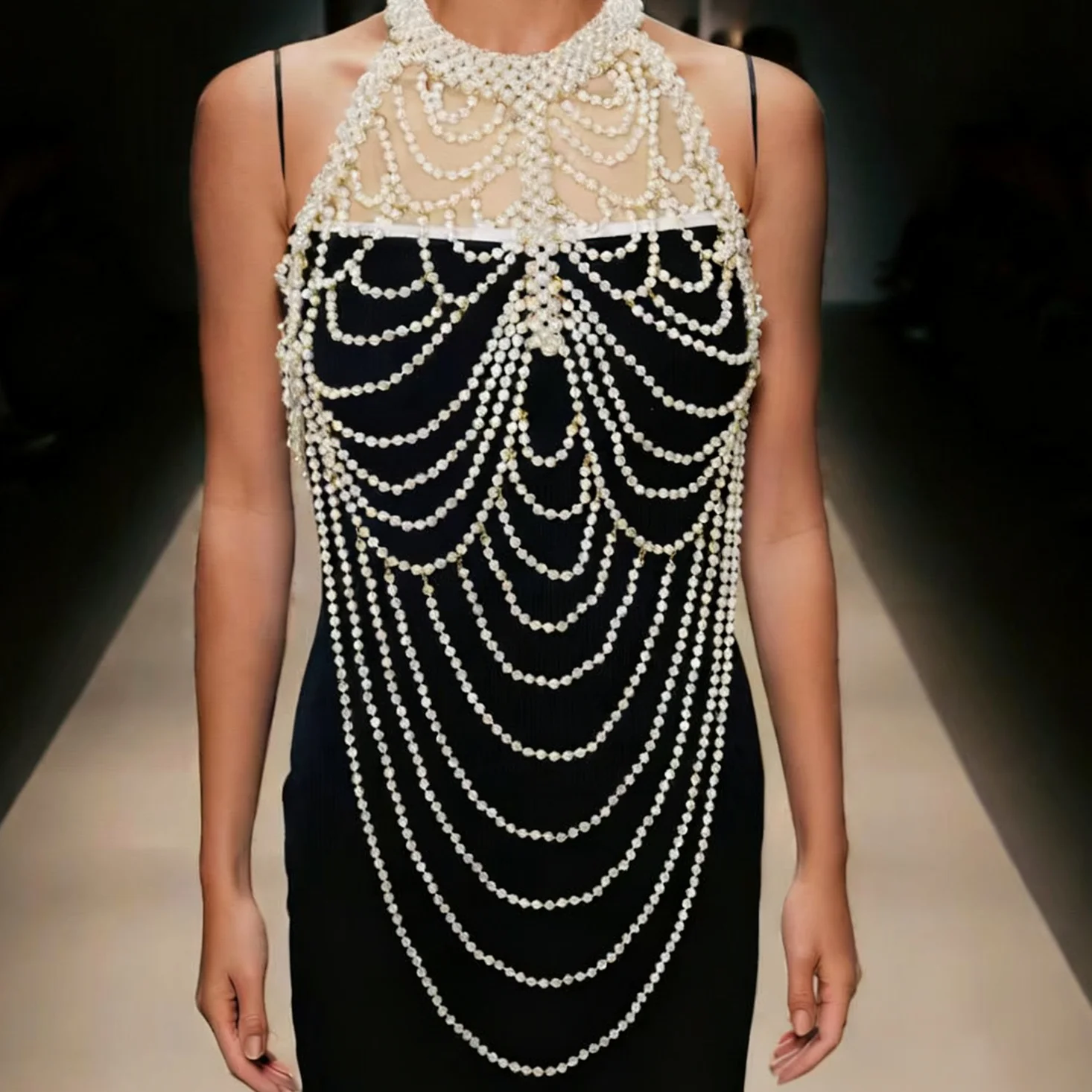 

Handmade Imitation Pearl Body Chain for Brides Fashionable Long Link Accessory European And American Style Wedding Jewelry