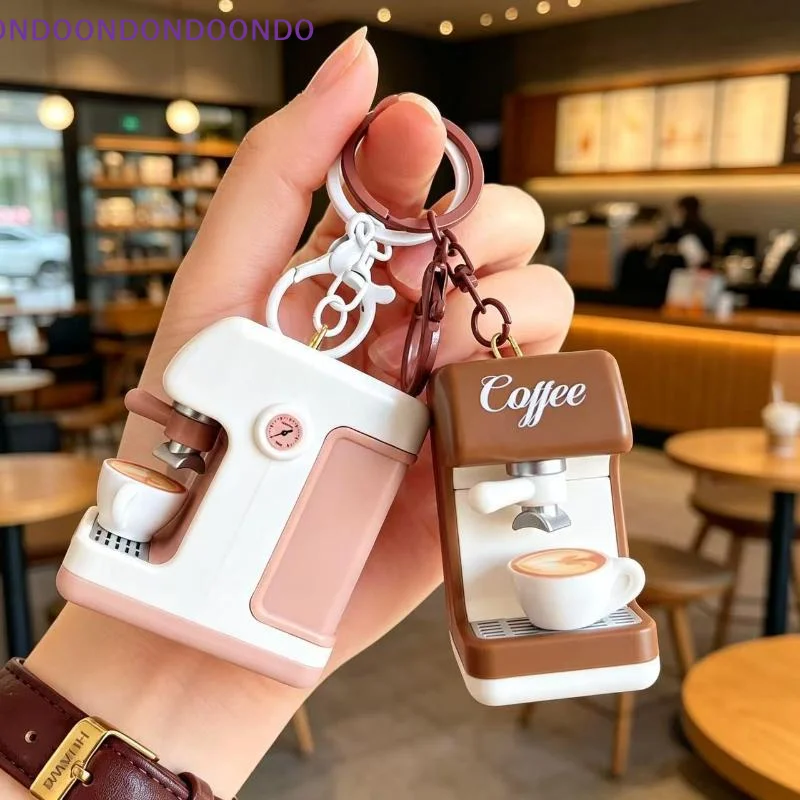 Cute Mini Coffee Machine Keychain Light & Sound Effect Slidable Coffee Handle Simulation Espresso Maker Pendant Bag Gift