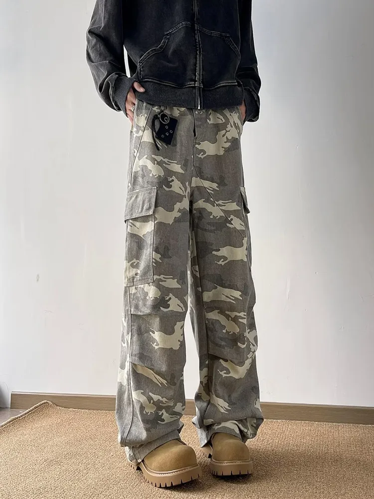 Pantalones Cargo de camuflaje lavados para hombre, pantalón largo recto informal con múltiples bolsillos, Y2K, 2024