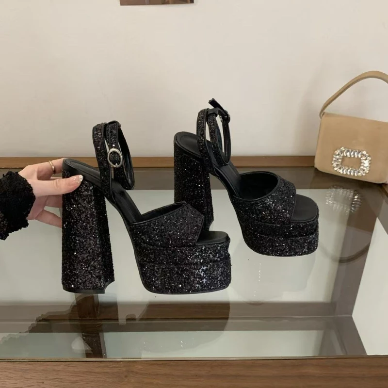 2026 New High-Heeled Fish-Mouth Sandals, 15cm Htian High Water Stage Catwalk High Heels, One-Shoulder Buckle Shiny Leather Women