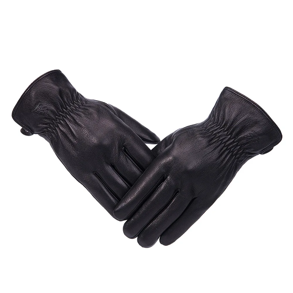 Genuine Sheepskin Gloves Men Winter Thermal Lined Windproof Driving Motorcycle Riding Imitation Deerskin Textured