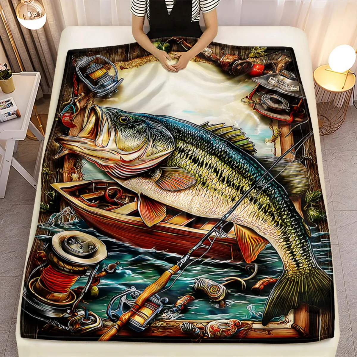 Outdoor Hobby Throw Blanket Large Bass Fish Fishing Gear Rod Reel Wooden Boat Lake Water Retro Stylish Pattern Decor Blanket