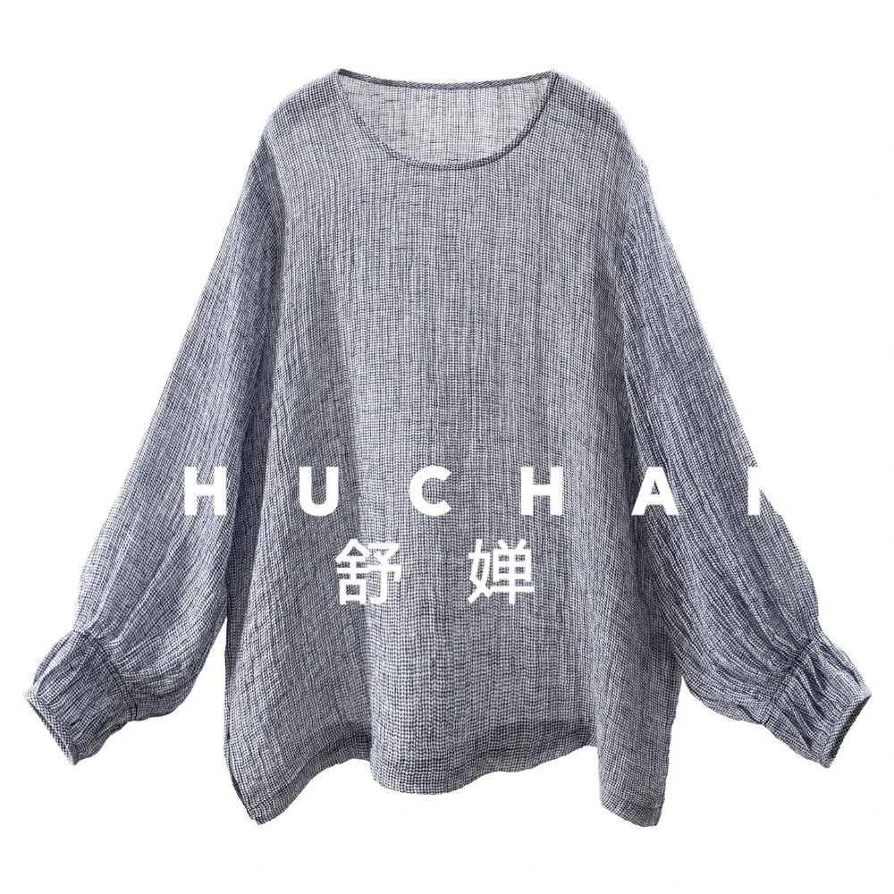 

Тонкий пуловер сине-белый в клетку из 100% окрашенного в пряже льняного полотна, свободного кроя, с рукавами-фонариками, женская модель 14K1