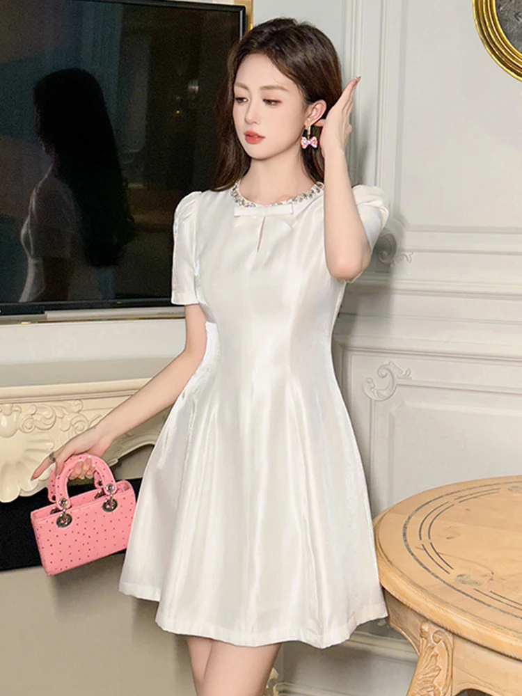 Frauen Französisch Nette Prinzessin Kleid Frau Elegante Schöne Weiße Schleife Hohl Cut Out Blase Hülse Ballkleid Datum Party Vestido Dame