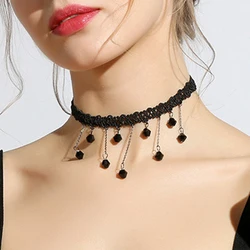 Short Black Crystal Pendant Necklace for Women Tassel Woven Lace Choker Sexy Pretty Neck Braided Band Necklace Adornment Necklac