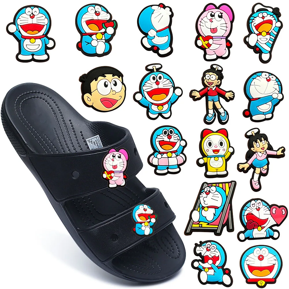 1-16PCS MINISO Cartoon robot cat Shoe Charms Garden Shoe Accessories Buckle Fit Clogs Decaration Sandals Decorate Men Women Gift