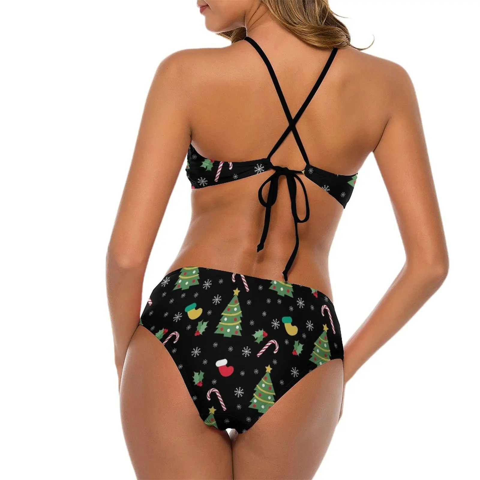 Kerstprint Bikini Badpak Groene Boom Hoge Hals Bikini 'S Set Stijlvolle Badmode Sexy 2 Stuks Custom Rave Strand Outfits