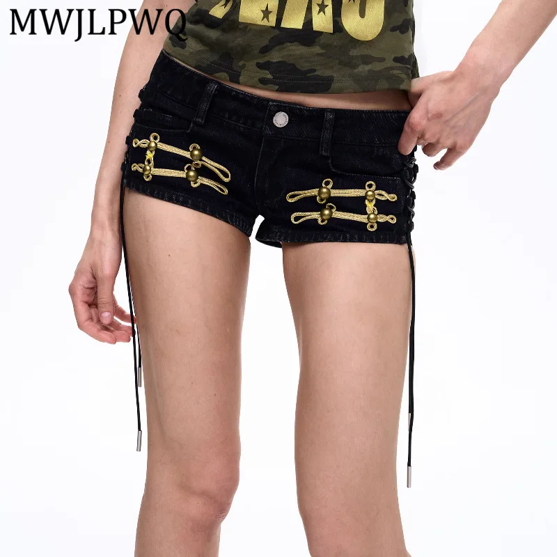 MWJLPWQ Low Rise Denim Shorts Black With Frog Button Embellishments And Lace Up Sides Micro Mini Streetwear Bottoms Summer 16736