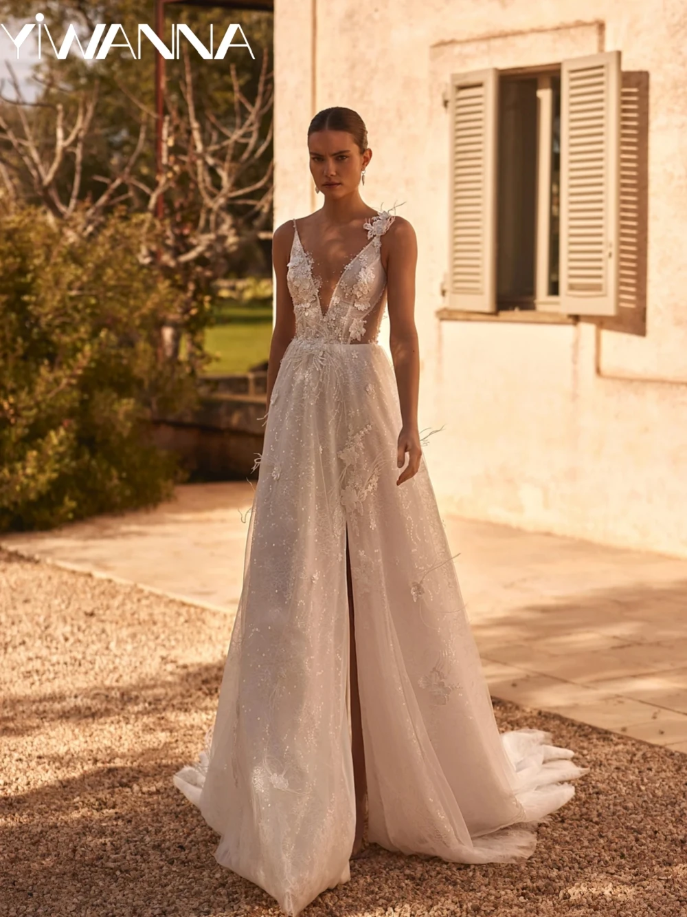 

Shimmering Pearls 3D Flower Wedding Dress With Slit Illusion Deep V-neck Bridal Gown Customized A-line Lace Dresses For Bride