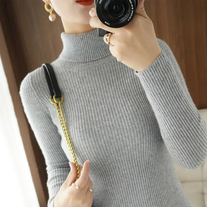 Autumn Winter Female High Collar Draw A Strip Sweater Lady Solid Color Pullover Knitting Women Long Sleeved Thickening Knitwear