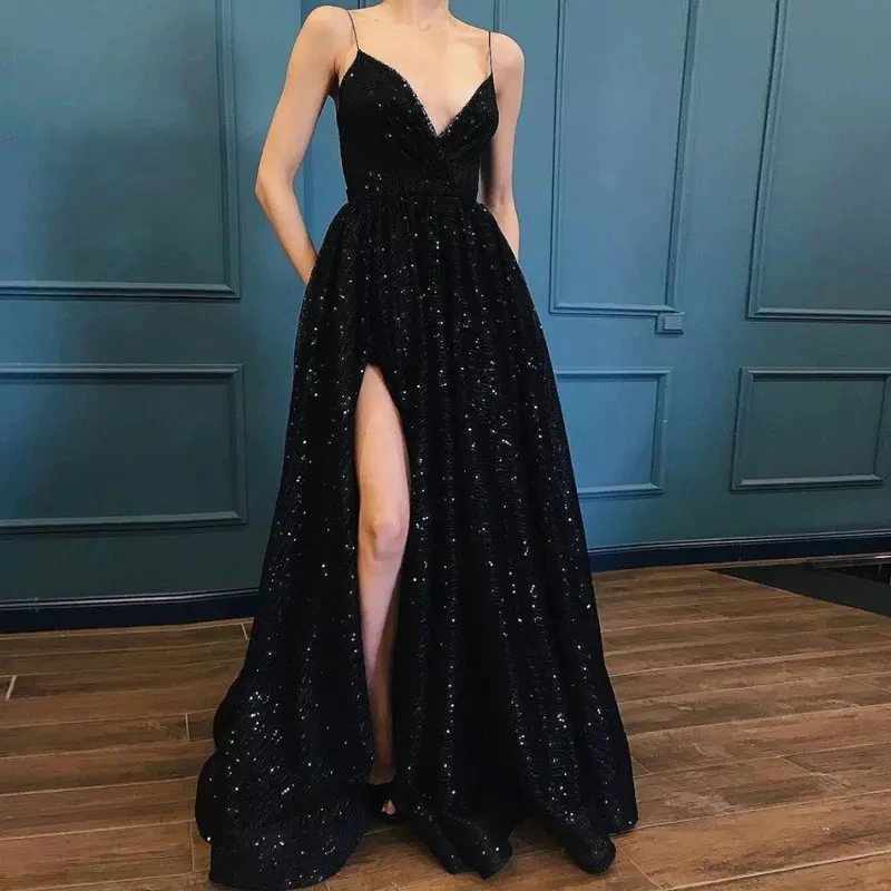 Vestido de noche negro brillante para mujer, con tirantes finos traje Sexy, escote en V, Espalda descubierta, sin mangas