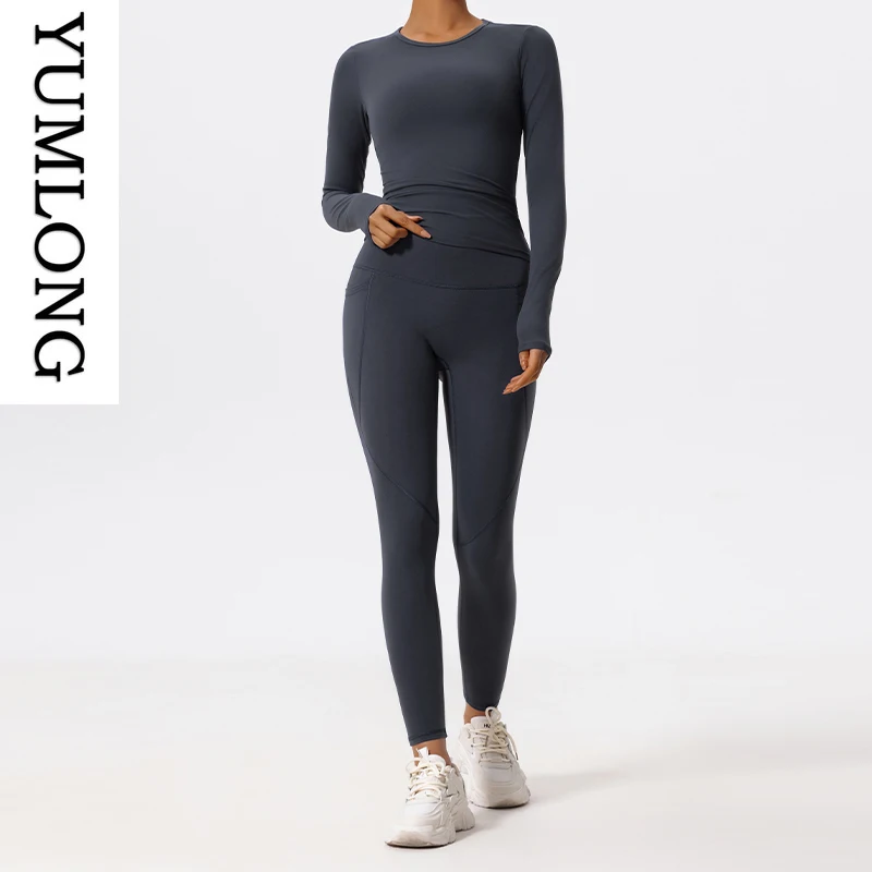 Женский комплект для йоги, комплект из 2 предметов, ультра-мягкий дышащий спортивный костюм с длинными рукавами, быстросохнущая спортивная одежда, спортивная одежда, плотный спортивный костюм для йоги, 2025