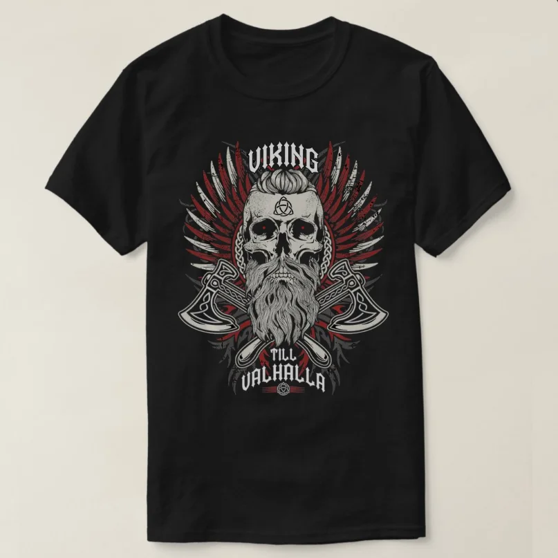 

Till Valhalla Bearded Warrior Skull With Battleaxe T-Shirt New 100% Cotton Short Sleeve O-Neck Casual Mens T-shirt