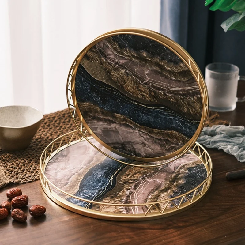 Round Household Simple Snack Dried Fruit Plate Small Dry Tea Table Tabletop Storage Light Luxury Marble Pattern Tray