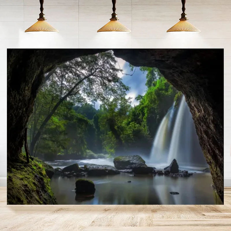 Tropical Forest Waterfall Photography Backdrop Mountain Cave Waterfalls Green Trees Lake Nature Background Travel Camping poster