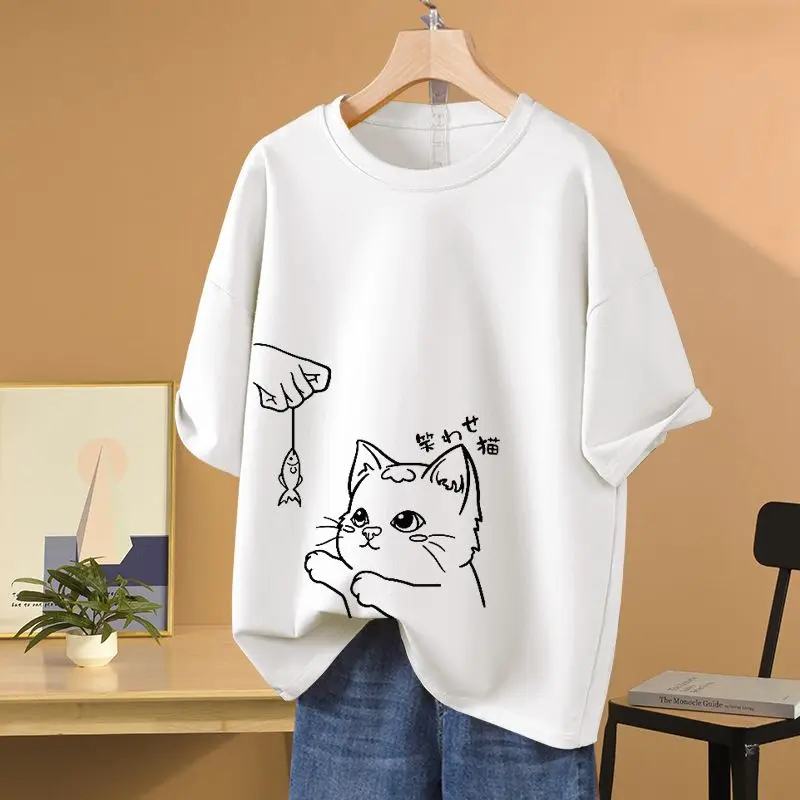 Women Printed Loose T-shirt Summer All Cotton O-neck Short Sleeve Basics Tops Daily Casual Loose Comfortable Pullovers S-5XL