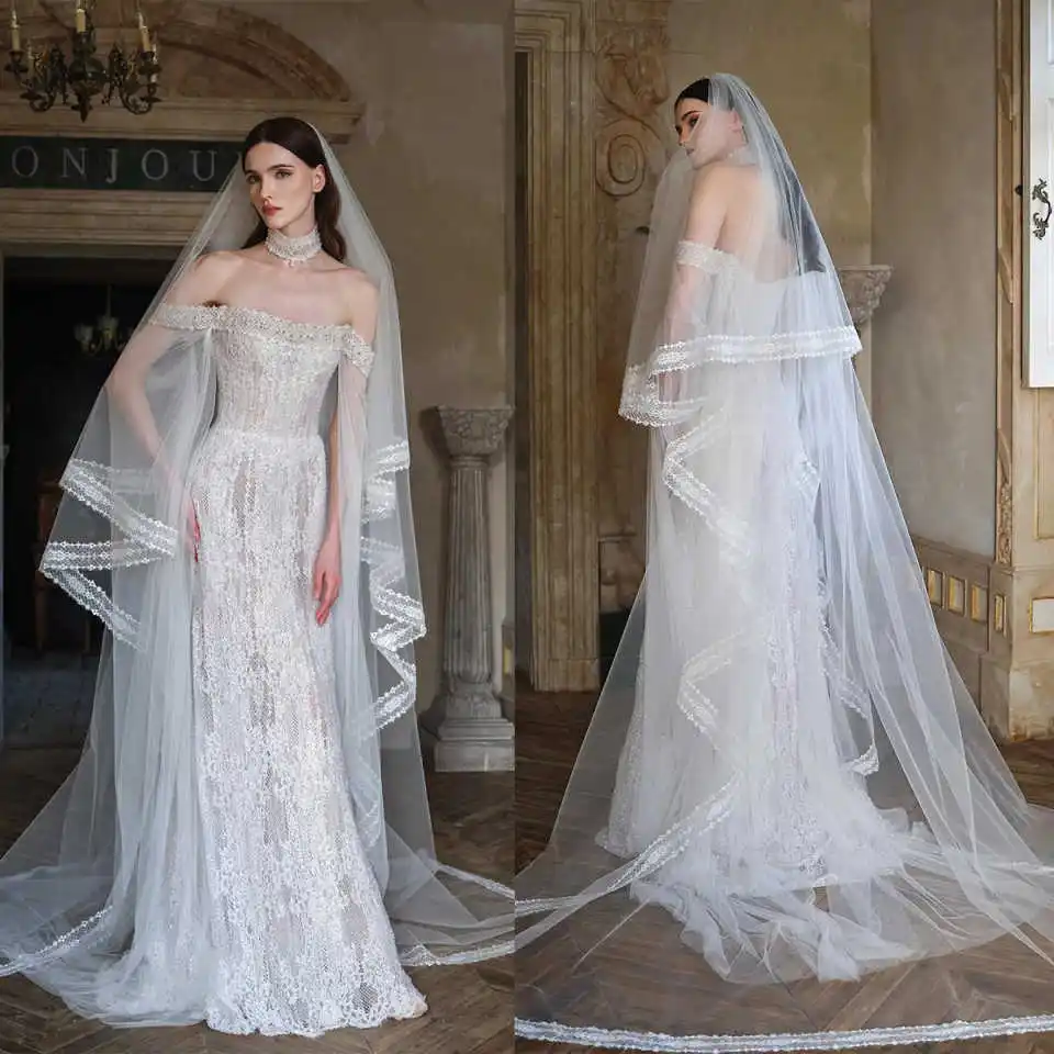 

Simple Long Soft Tulle Wedding Veils Lace Applique Two Layer Chapel Length Bridal Veils Wedding Marriage Accessories