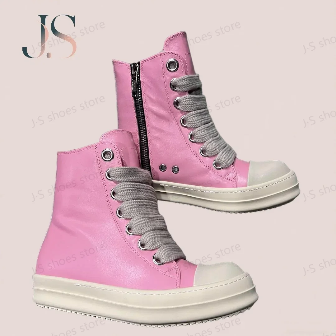 

Ro Luxury Boots Pink Leather High Top Shoe Men Shoes Pink Cowhide Sneakers Zipper Women Casual Sneaker Jumbo Laces Ankle Boot