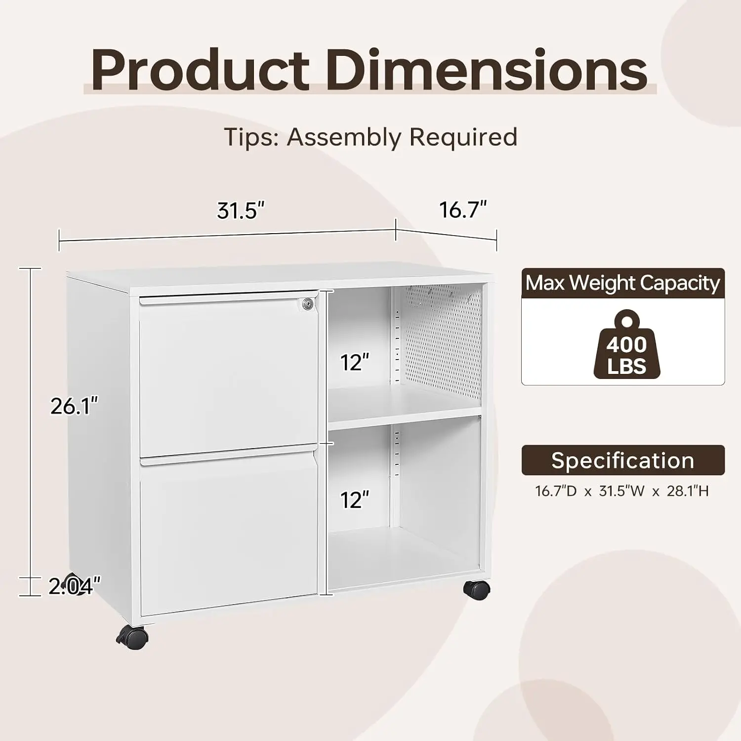 2 Drawer File Cabinet for Home Office, Rolling File Cabinets with Lock, Under Desk Metal Filing Caninet with Wheels for A4 / F4
