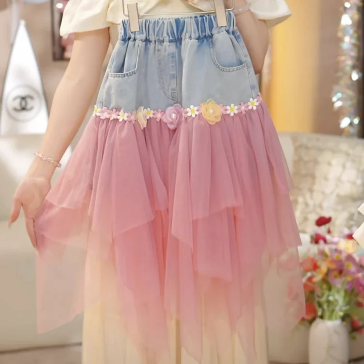 2026 Girls' Cartoon Short T Cowboy Yarn Skirt Two Piece Set