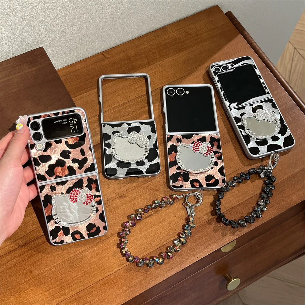 

Luxury fashion Leopard print Kitty cat mirror phone case for Samsung Galaxy Z Flip7 Flip6 5 Flip5 4 3 flip7 FE with hinge cover
